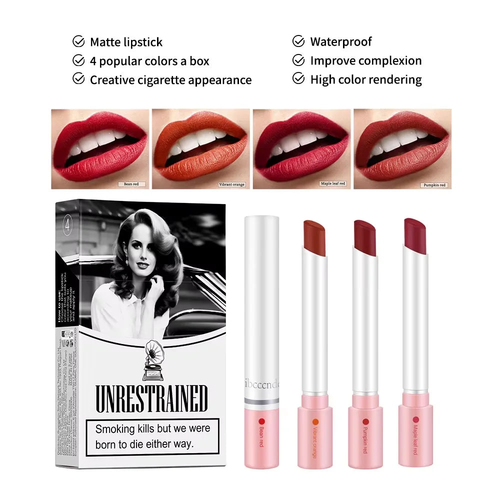 4 Colors Cigarette Lipstick Set Matte Lip Gloss Long Lasting Lip Glaze Waterproof Lip Stick Tube Nude Lip Tint Makeup Cosmetics - Seprincess