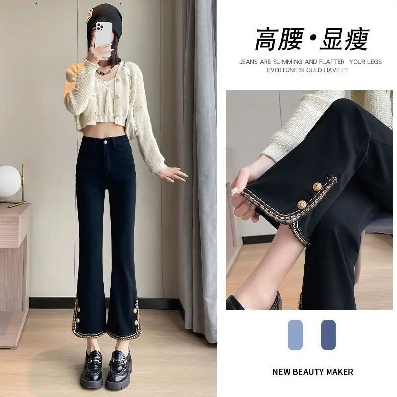 Winter Fashion Luxury Women's Clothing Slim Pants Elastic Force Solid Color Panelled Button Slit Straight Tube Cropped Trousers