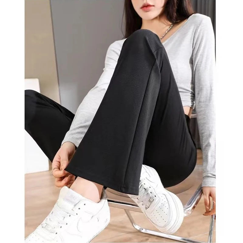 Fashion Black Thin Flare Pants Summer New High Waist Solid All-match Slim Plus Size Wide Leg Pants Casual Vintage Women Clothing