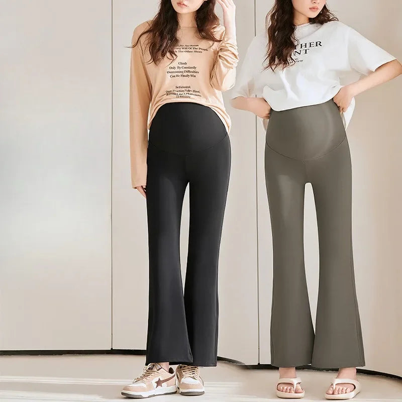 Maternity pants nine-point pants wear loose version of micro flare pants women's slimming Pu pregnant commuter pants