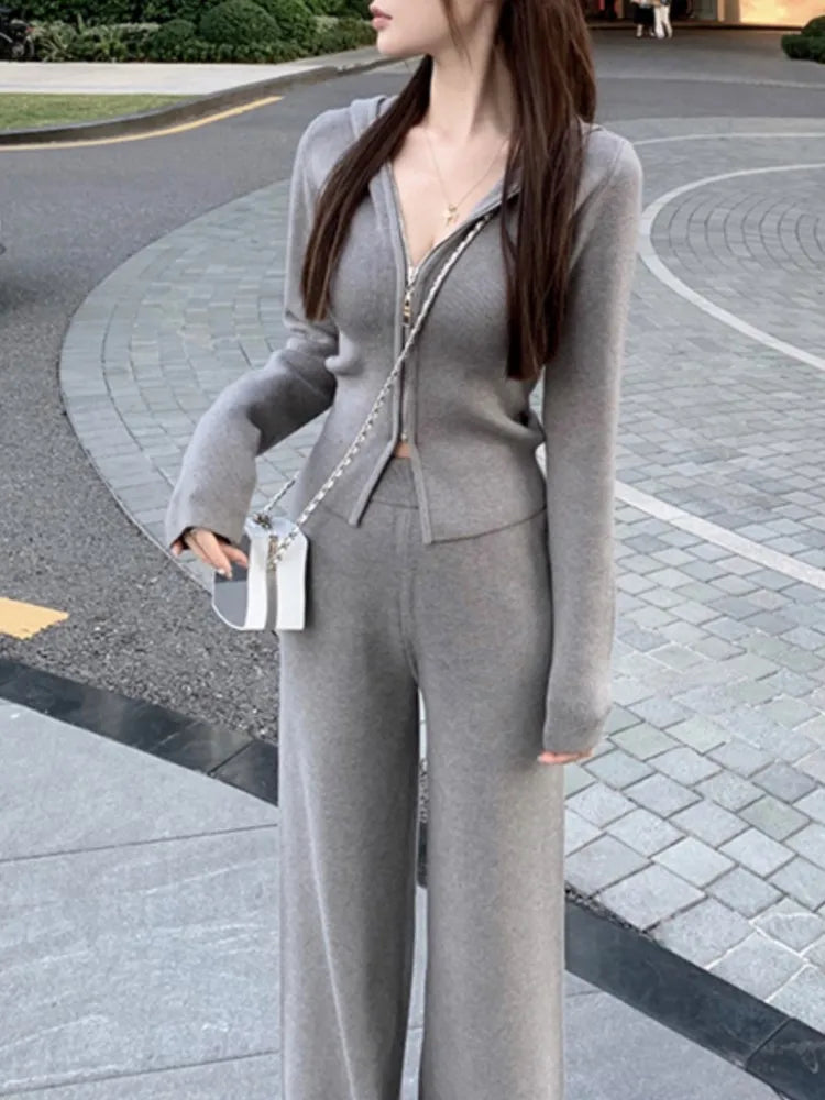 Women's Knitted Tracksuits Casual Hooded Jacket & High Waist Long Pants 2 Piece Set Femme Fashion Clothing Outfit - Seprincess