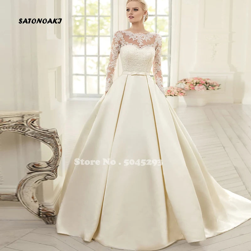 Vestidos De Novia Simple Ivory Satin Wedding Dresses A-Line Long Sleeve Appliques Lace-up Sweep Train Bridal Gown with Pockets - Seprincess