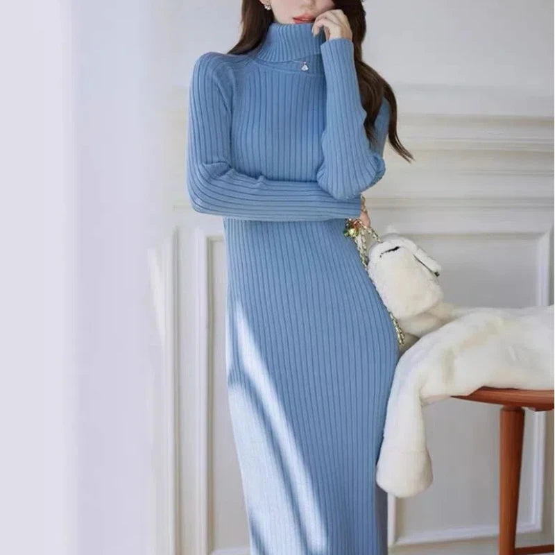 Autumn Winter New Fashion Turtleneck Long Sleeve Solid Women's Clothing Korean Knitting Slim Temperament Trend Sweet Chic Dresse - Seprincess