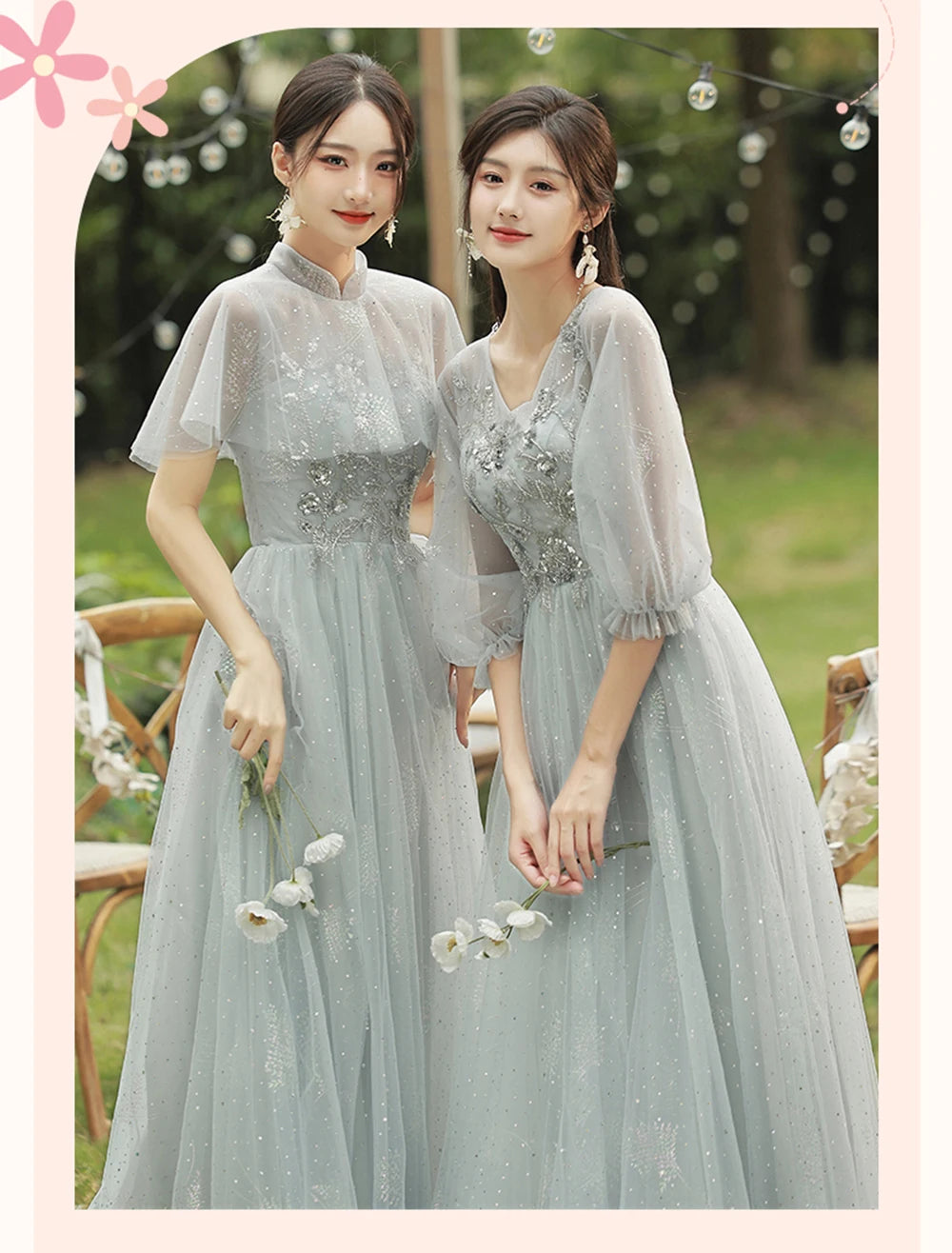 4 Styles Grey Bridesmaid Dress Women's Elegant V-neck Sequins Shawl Collar Slim A-line Gown Light Luxury Wedding Party Vestido - Seprincess