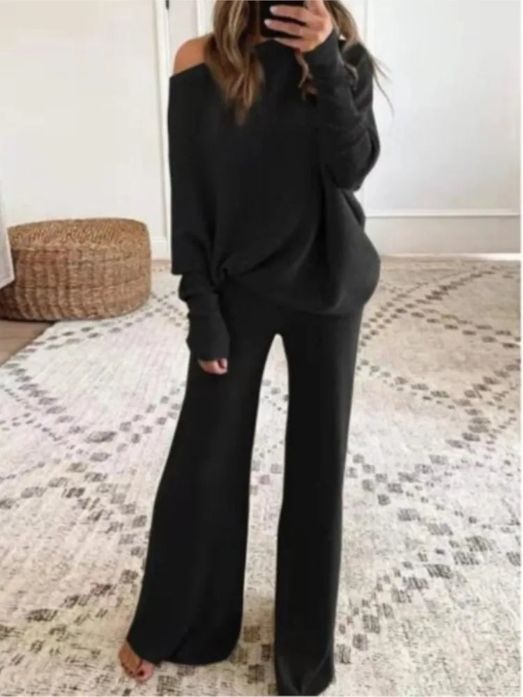 Fashion Long-sleeved Bateau Collar Top + Wide-leg Pants 2-piece Set Women Elegant Autumn Solid Color Knitted Loose Suit Female - Seprincess