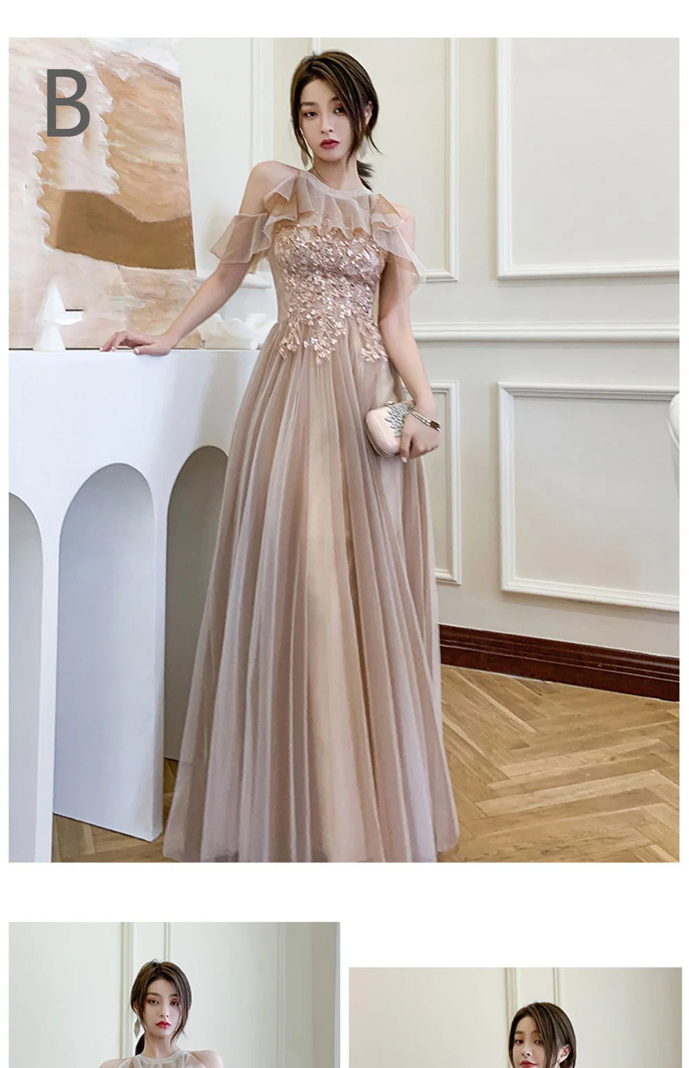 4 styles Champagne Pink Bridesmaid Dress Women's Elegant Off Shoulder Ruffles Sleeves Gown Sequins Flower Applique Vestido - Seprincess