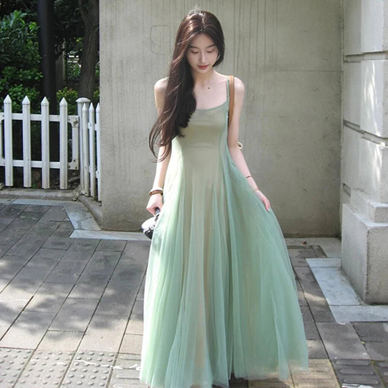 Women Mesh Spaghrtti Strap A-line Holiday Seaside Summer Princess Long Dress - Seprincess