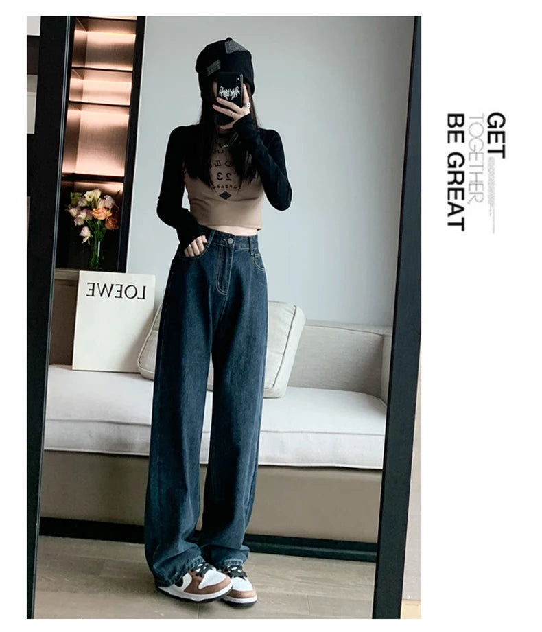 Jielur Dark Blue Straight Basic Female Jeans High Waist Slim Loose Solid Color Simple Women's Wide Leg Pants Chic Office Ladies