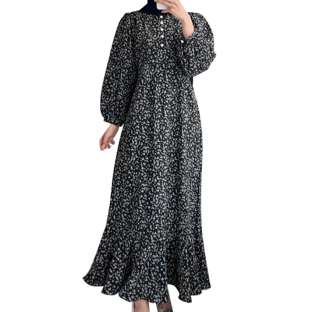 Women Fashion Loose Printed Long Sleeve O Neck Muslim Abaya Dress Vintage Ruffles Hem Sundress Robe Femme Turkey Vestido Kaftan - Seprincess