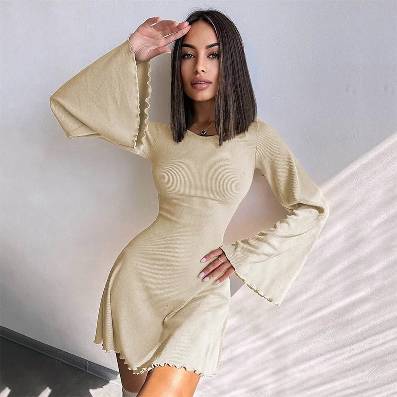 Sexy Dresses Nightclub Mini Short Party Dress Women Back Bandage O Neck A Line Flare Sleeves Autumn Vestidos Ladies Fall Robe - Seprincess