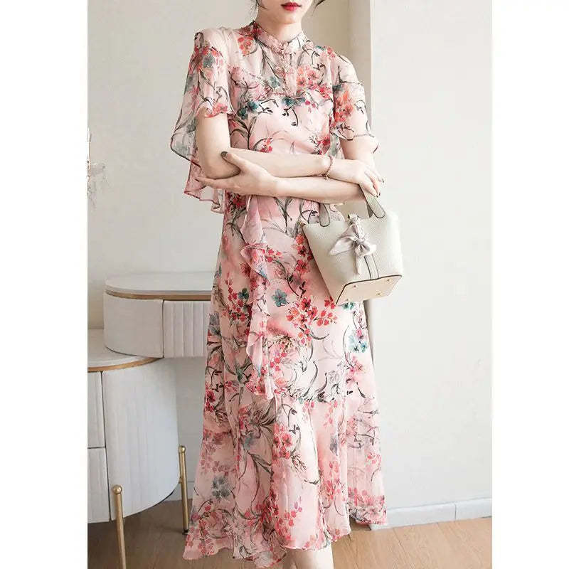 Chinese Qipao Chic and Elegant Lace short sleeve A-line Dress Retro Improved flower printing Women daily Cheongsam Dress - Seprincess