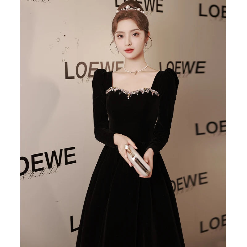 Black new light luxury small temperament banquet velvet long-sleeved dress - Seprincess