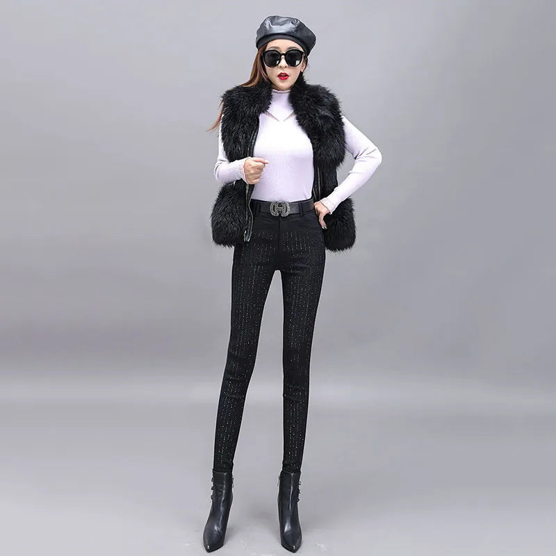 Rhinestone Black Denim Pencil Pants Women's Jeans Autumn New European Elastic Slim Fit High Waisted Strech Jean Pants for Women