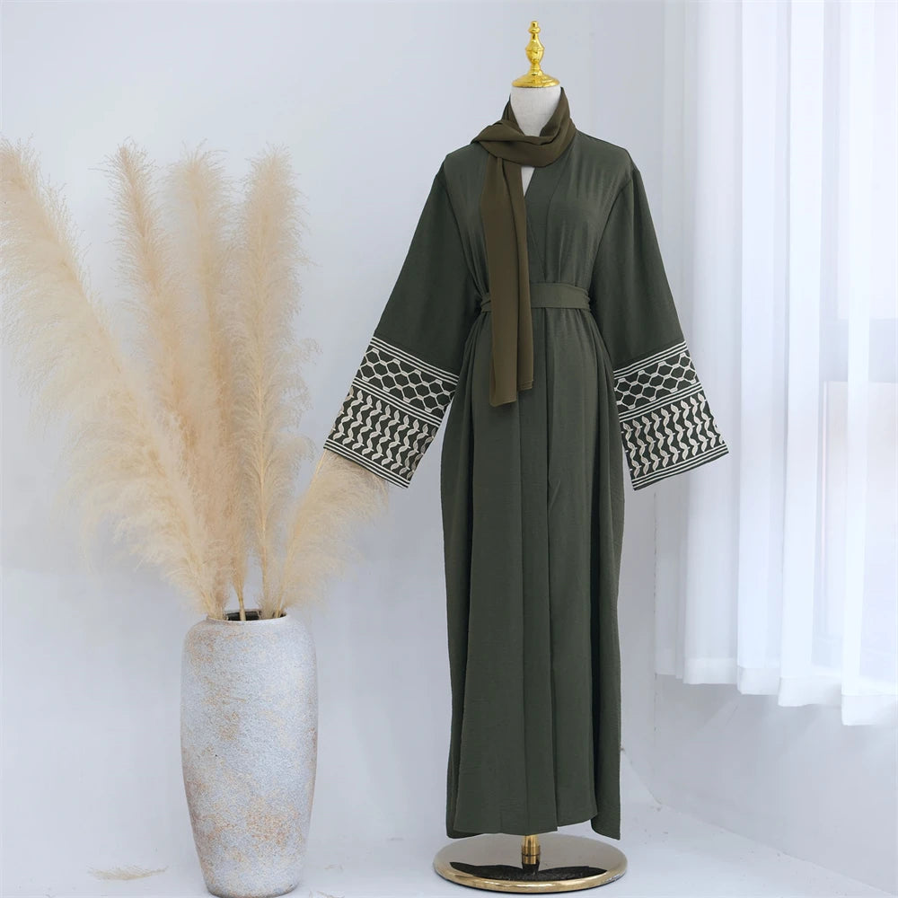 Linen Butterfly Embroidery Open Abaya Dubai Luxury 2024 Muslim Modest Kaftan Kimono Dresses Coat for Women Islam Clothing Kebaya - Seprincess