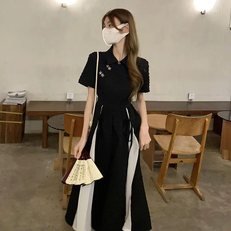 2023 New Chinese Style Dress Balck Qipao Elegant White Black Patchwork Cheongsams Youth Girl Vestidos Long Dresses Qipao - Seprincess