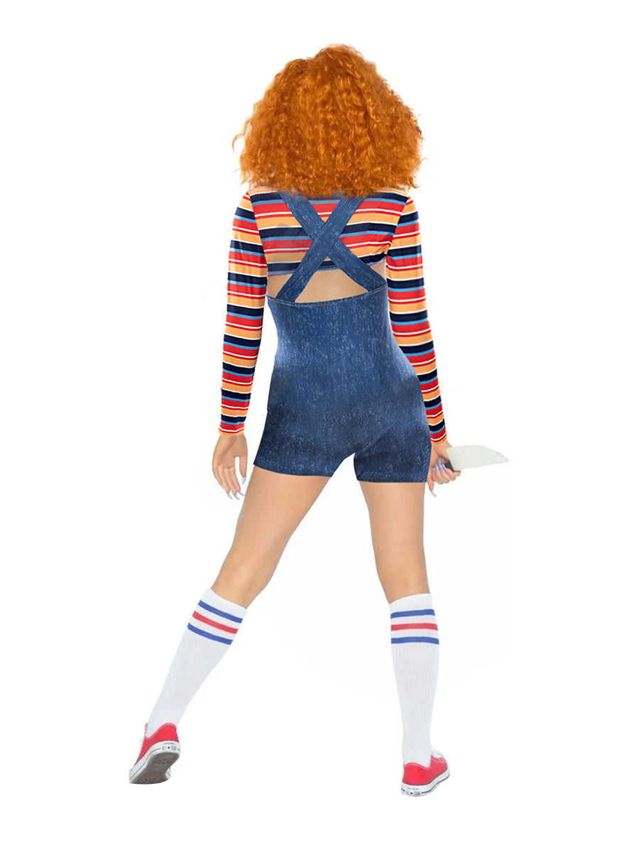 Women 2 Pcs Halloween Costumes Scary Nightmare Killer Doll Wanna Play Movie Character Bodysuit Chucky Doll Cosplay Costume Set - Seprincess