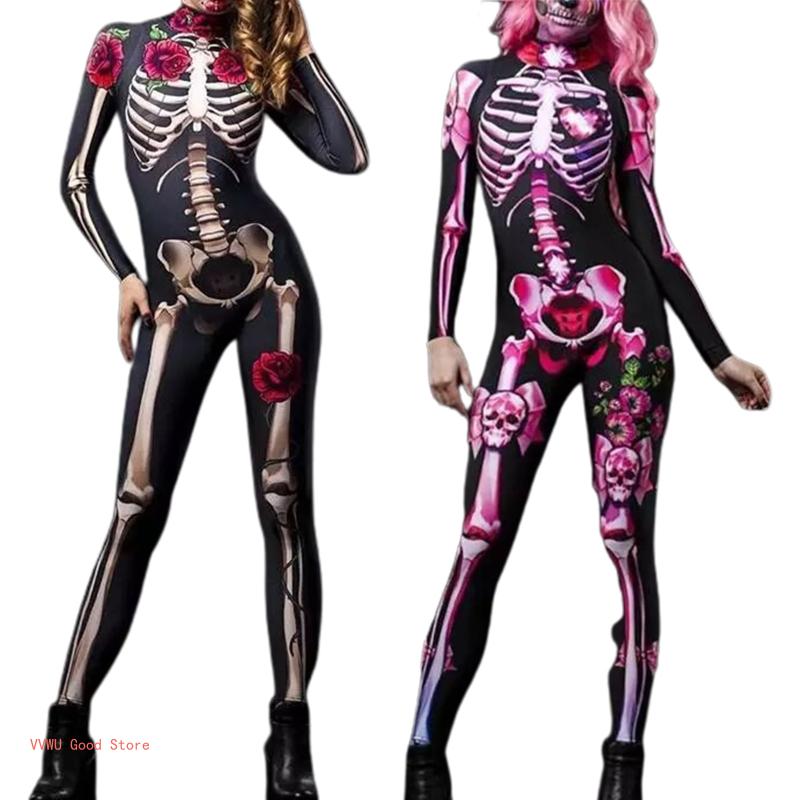 Women Halloween Party Costume Skull Print Long Sleeve Jumpsuit Outfit Skeleton - Seprincess