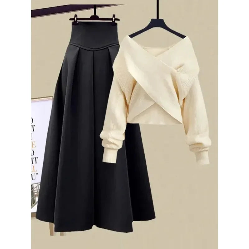 Autumn Winter Skirt Sets For Women Outfits Korean Casual Knitwears Pullover Sweater And High Waist Skirts Two Piece Sets N432 - Seprincess