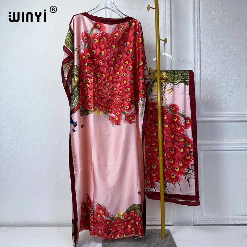 WINYI Africa summer kaftan with belt Women Classic peacock print Caftan Elegant Holiday summer Maxi silk Bohemian party dress - Seprincess