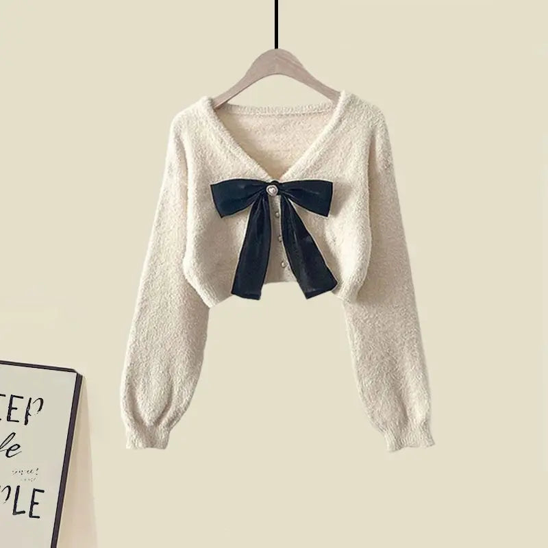 Women's Spring Autumn New Knitted Sweaters Two Piece 2024 Korean Elegant Bow Cardigan Strap Skirt Matching Set Female Clothing - Seprincess