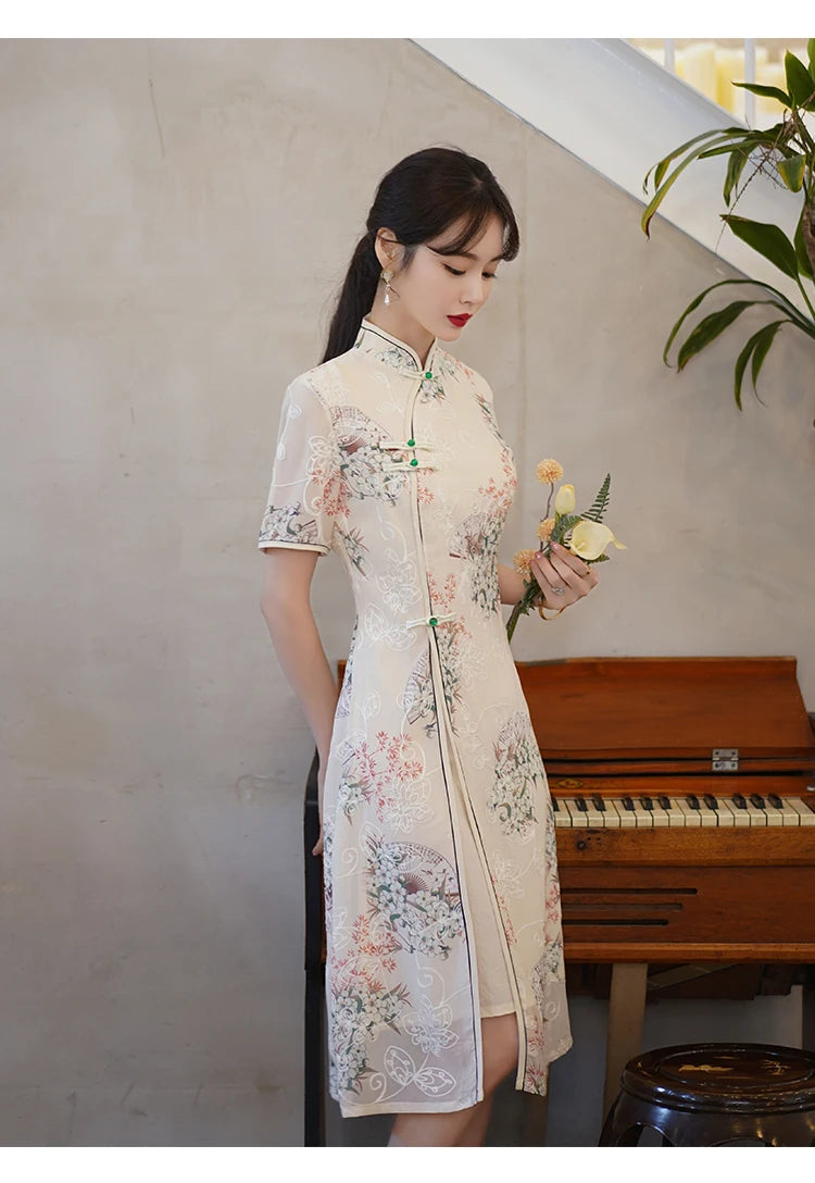 Retro Traditional Chinese Short Sleeve Cheongsam Clothing for Women Summer Modern Elegant Qipao Evening Dress - Seprincess