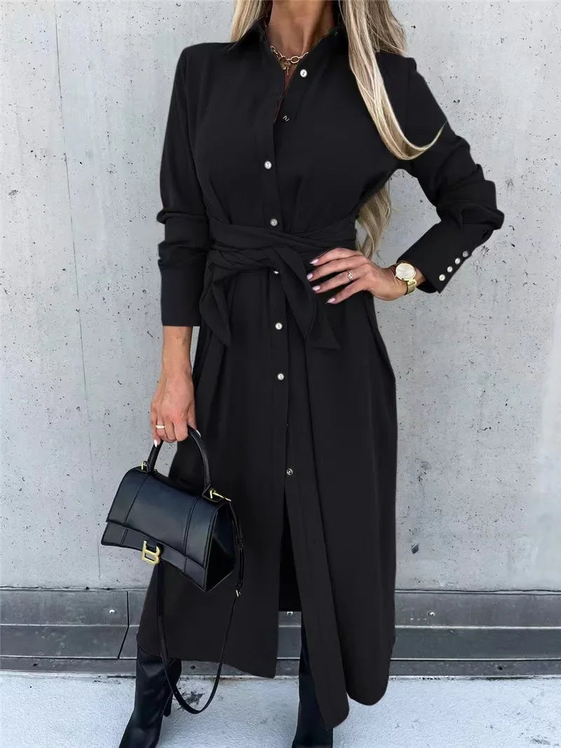 2024 Solid Long Sleeve Shirt Dress Women Lace up Single Breasted Beach Maxi Party Dresses Turn-down Collar Split Sash Vestidos - Seprincess