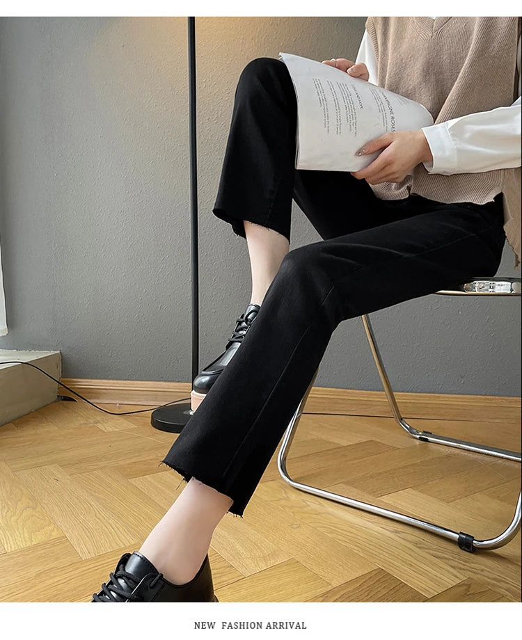 Rarely Hem Pants Spring High Waist Elastic Straight Barrel Jeans Women's Small Smoke Pipe