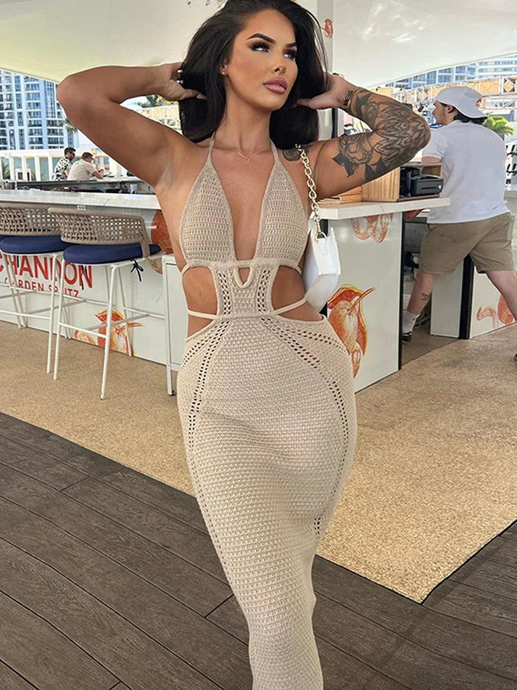 BWQ Knitted Lace Up Halter Midi Dress Women Bodycon Sexy Streetwear Party Club Outfits Beach Crochet Long Dress Fall Winter - Seprincess