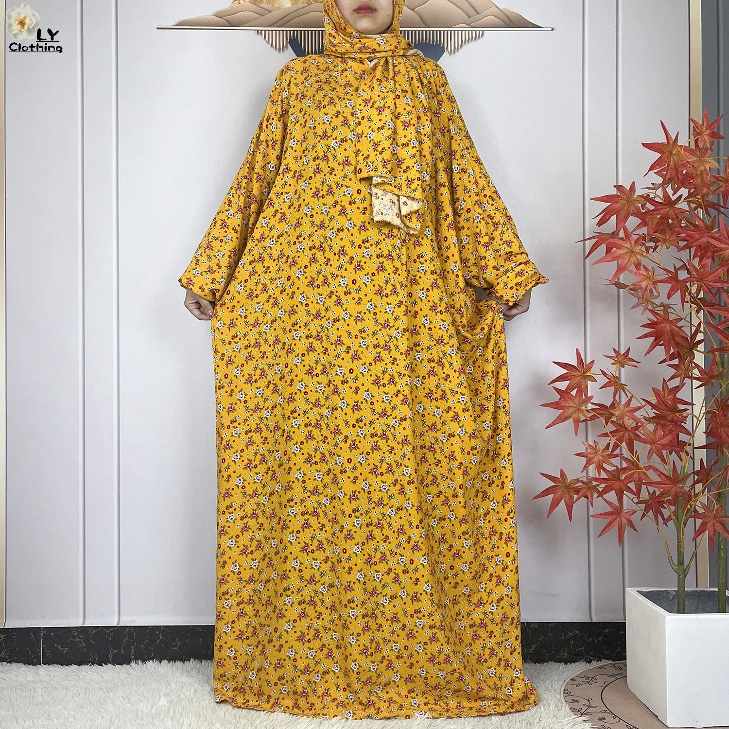 2024Latest Muslim Abayas For Women Ramadan Prayer Maxi Dubai Turkey Femme Cotton Robe Floral Loose African Dress Turban Attached - Seprincess