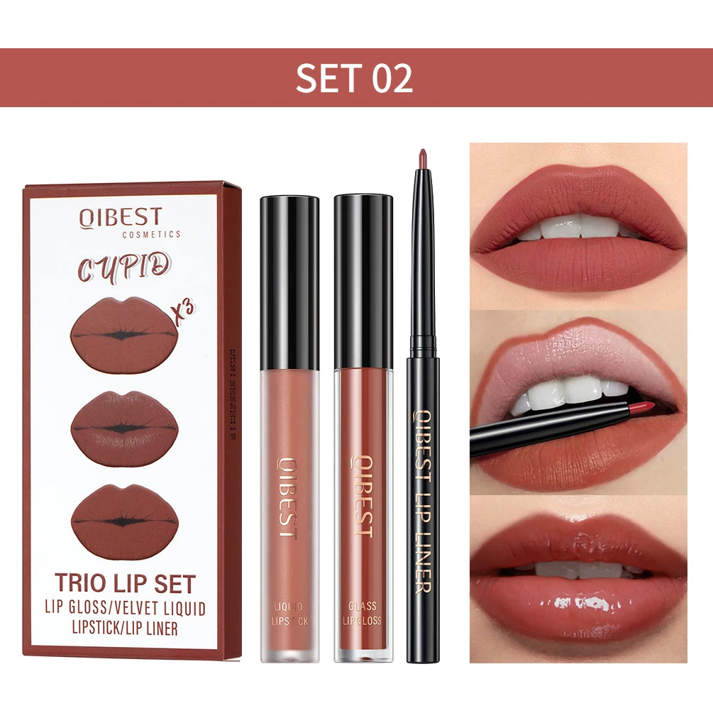 New 3pcs/set Liquid Lipstick+Lip Liner Long Lasting Cosmetic Black Brown Purple Red Matte Lip Gloss Nude Lip Tint Stain Makeup