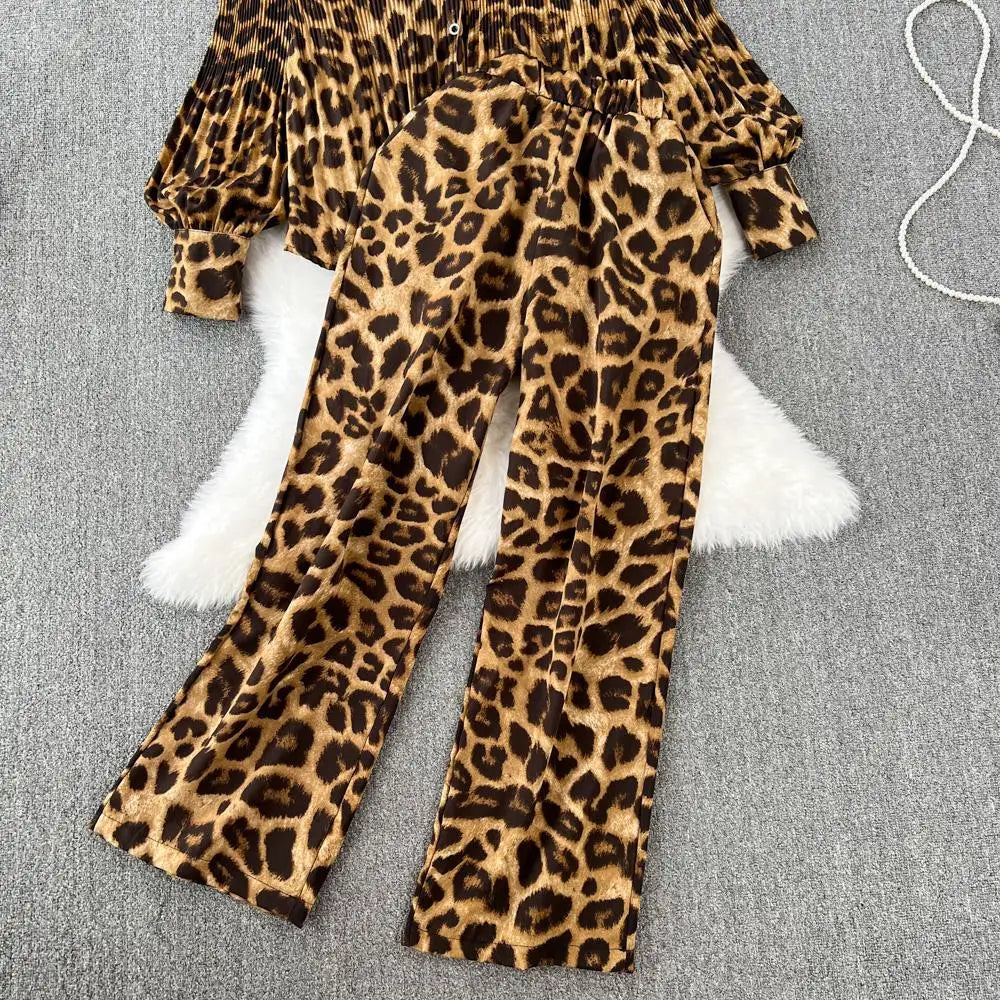 Autumn Elegant Women 2 Pieces Set Leopard Print Long Sleeve Shirts Casual Loose Pantalon Outfits New Fashion Vintage Sweatsuit - Seprincess