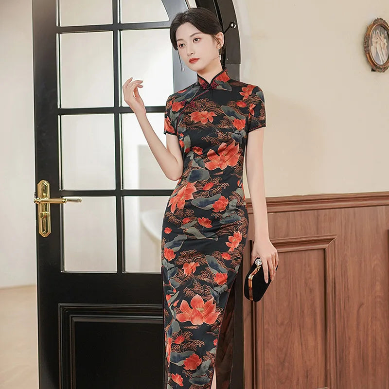 Large Size 4Xl 4Xl 5Xl Chinese Qipao Cheongsam Woman Chinese Traditional Dress Floral Print Slitting Hem Bodycon Sexy Vestidos