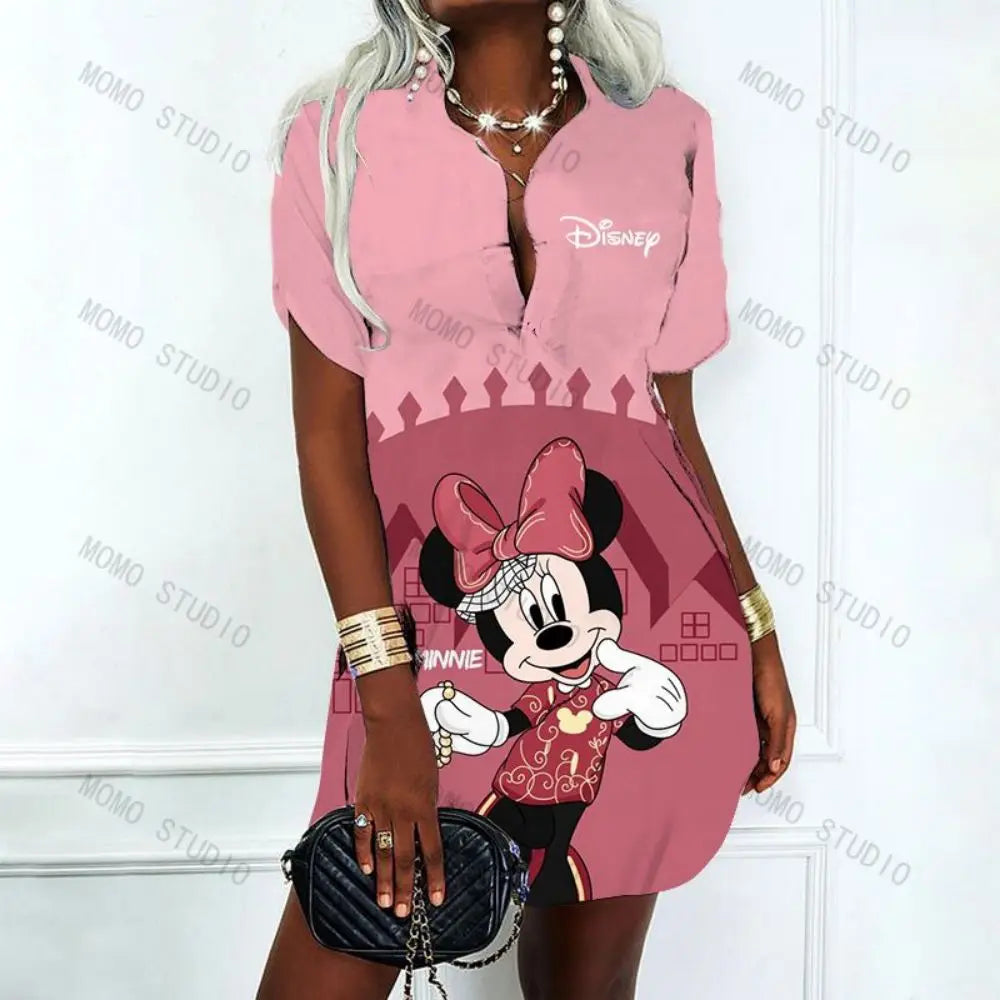 Korean Fashion Elegant Women's Dresses for Party 2023 Dress Polo Shirts Woman Clothes V-Neck Mickey Disney Y2k Minnie Mouse Sexy - Seprincess