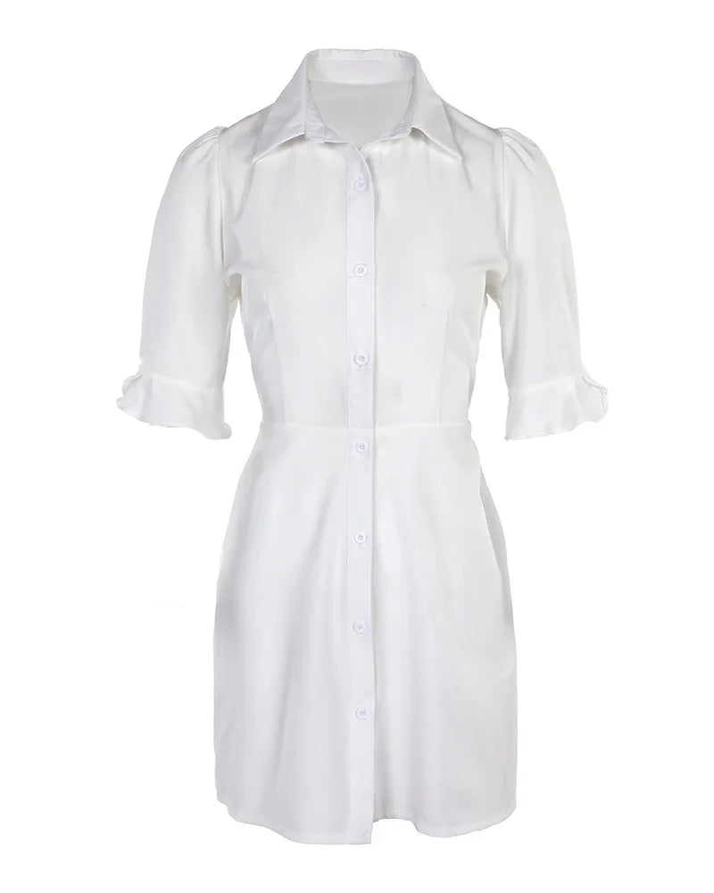 Summer Fashion White Turn-down Collar Shirt Mini Dress Elegant Women Casual Lantern Sleeve Button Pocket High Waist Slim Dresses - Seprincess