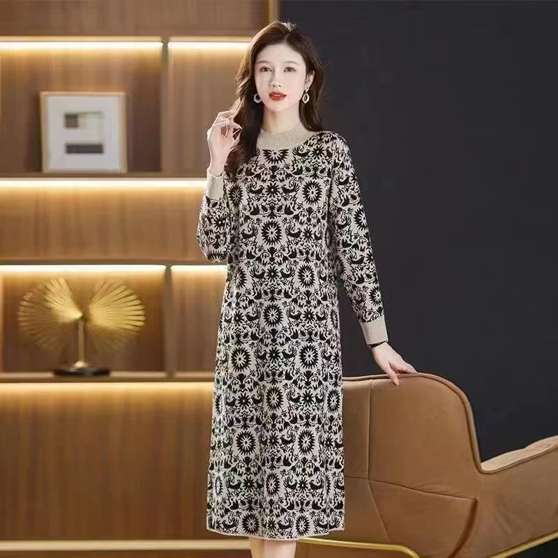 Autumn Winter Fashion Casual Jacquard Loose Vintage Dress Women's Clothing O-neck Elegant Elastic Thick Warm Knitted Dress - Seprincess