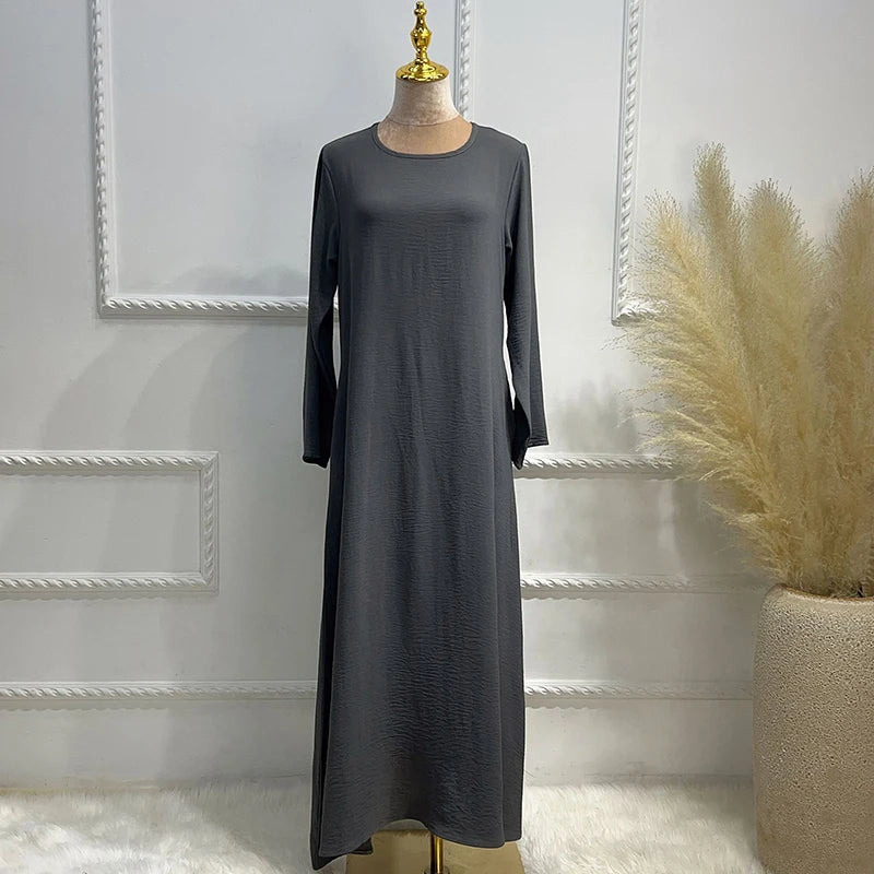 New Abaya Under Dress Long Sleeve With Pockets High Quality Jazz Crepe EID Muslim Women Basic Solid Modest Maxi Islamic Clothing