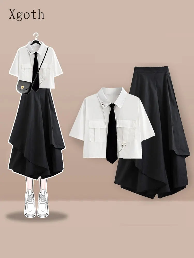 Xgoth Sweet Cool Suit Female Preppy Korean Loose High Street Short-sleeve Workwear Shirt + Half Body Skirt Women Black 2pcs Set - Seprincess