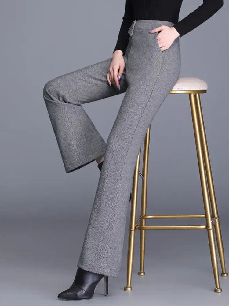 Winter Warm Slim Velvet Lined Flare Pants Women Elastic High Waist Thicken Woolen Wide Leg Pantalones Casual Wool Blend Calca