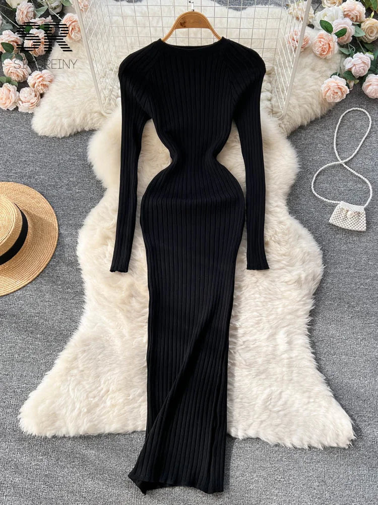 SINGREINY Winter Women Knit Maxi Dress O Neck Autumn Long Sleeve Slim Solid Harajuku Ladies Fashion Pencil Sweater Long Dresses - Seprincess