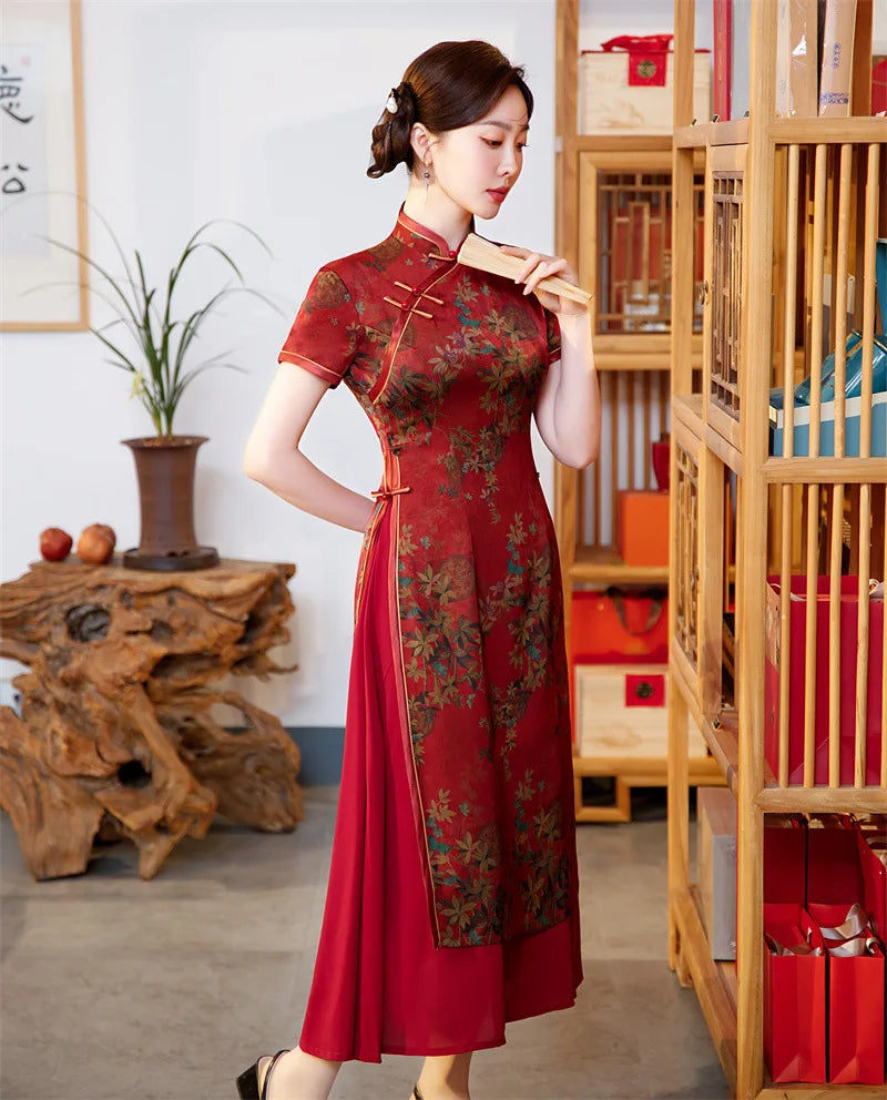 Burgundy Qipao Grace Improved Chinese Style Dresses Lady's Satin Cheongsam Summer Spring Ao Dai Flower Print Dress Oversize 4Xl - Seprincess