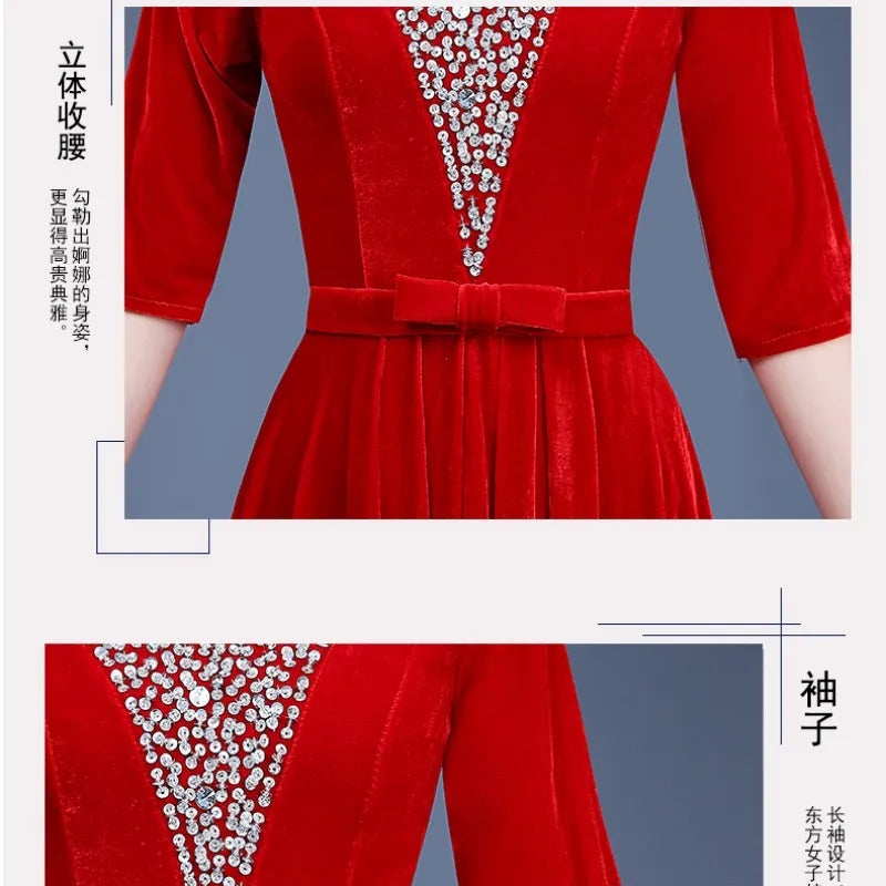 WMLF-80#Gold Velvet Chorus Dress Performance Women Clothing Long New Adult Slim Middle-aged Elderly Dresses Sequins Costumes Red - Seprincess