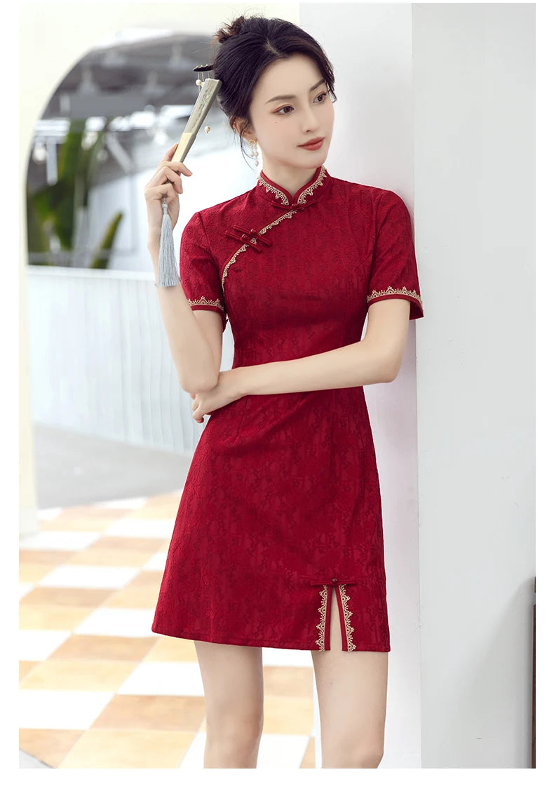 Traditional Chinese Clothing Red Cheongsam Summer New Modern Improved Young Short Qipao Dress New Year CNY - Seprincess