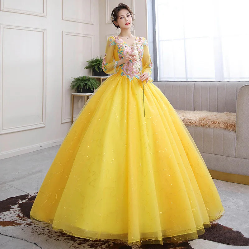 Shiny Ball Gown Women Evening Dresses Appliques Tulle V Neck Appliques Prom Birthday Party Gowns Formal Occasion - Seprincess