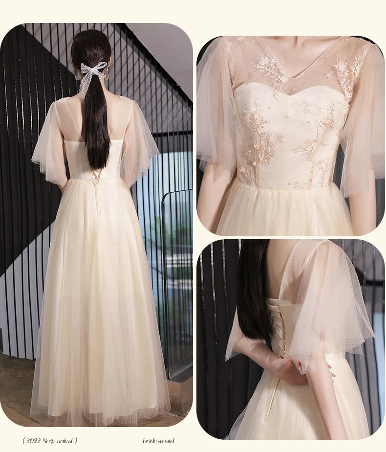 Champagne Bridesmaid Dress Women's Sweet Tulle Embroidery New Temperament Sisters Evening Dresses A-Line Wedding Party Gown - Seprincess