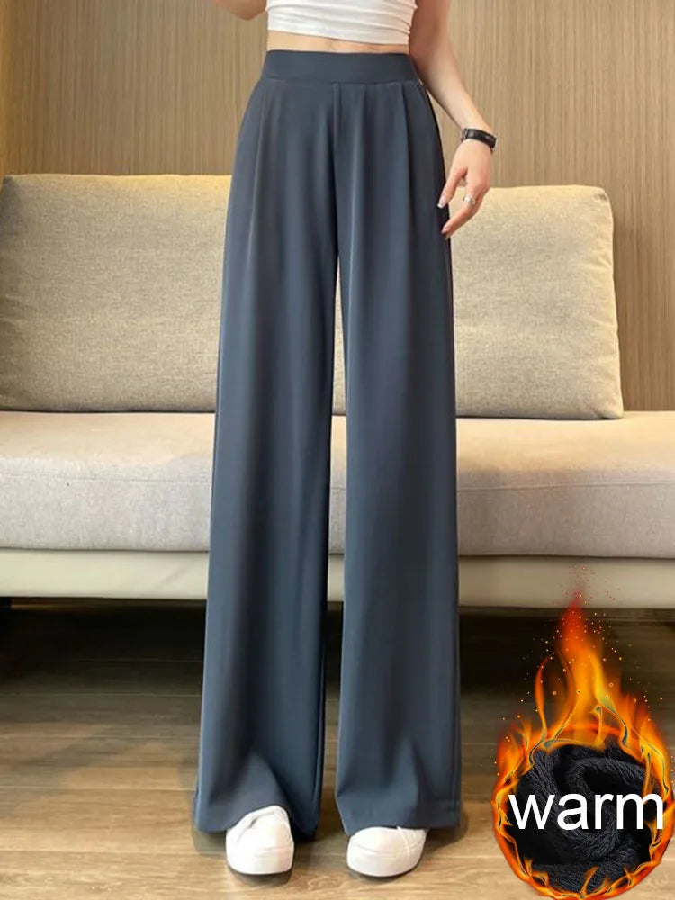 Women Formal Loose Thicken Straight Suit Pants Winter Warm Elastic High Waist Velvet Lined Wide Leg Pantalones Chic Solid Calca