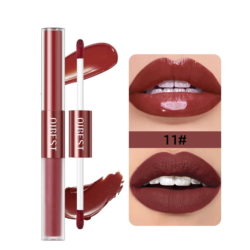 QIBEST 2023 New Double Head Matte Velvet Liquid Lipstick Waterproof Double End Mirror Lip Glaze Moisture Lip Makeup 2 In 1 Stick