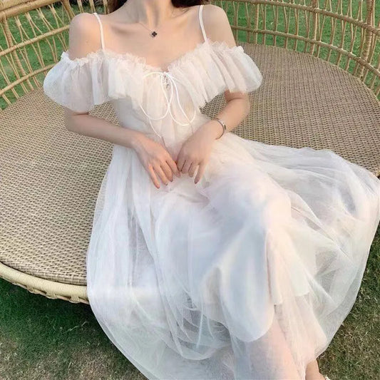 Fairycore Mesh Dress Woman 2023 Summer Low Chest Off Shoulder Lace-Up White Dresses Women Sexy Sweet Spaghetti Strap Dress - Seprincess