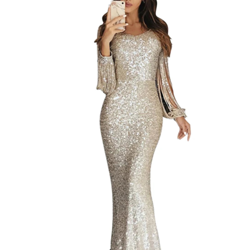 Spring 2022 Women Fashion Elegant Sequins Solid Color Maxi Wedding Evening Party Dress Female Long Tassel Sleeve Bodycon Dresses - Seprincess