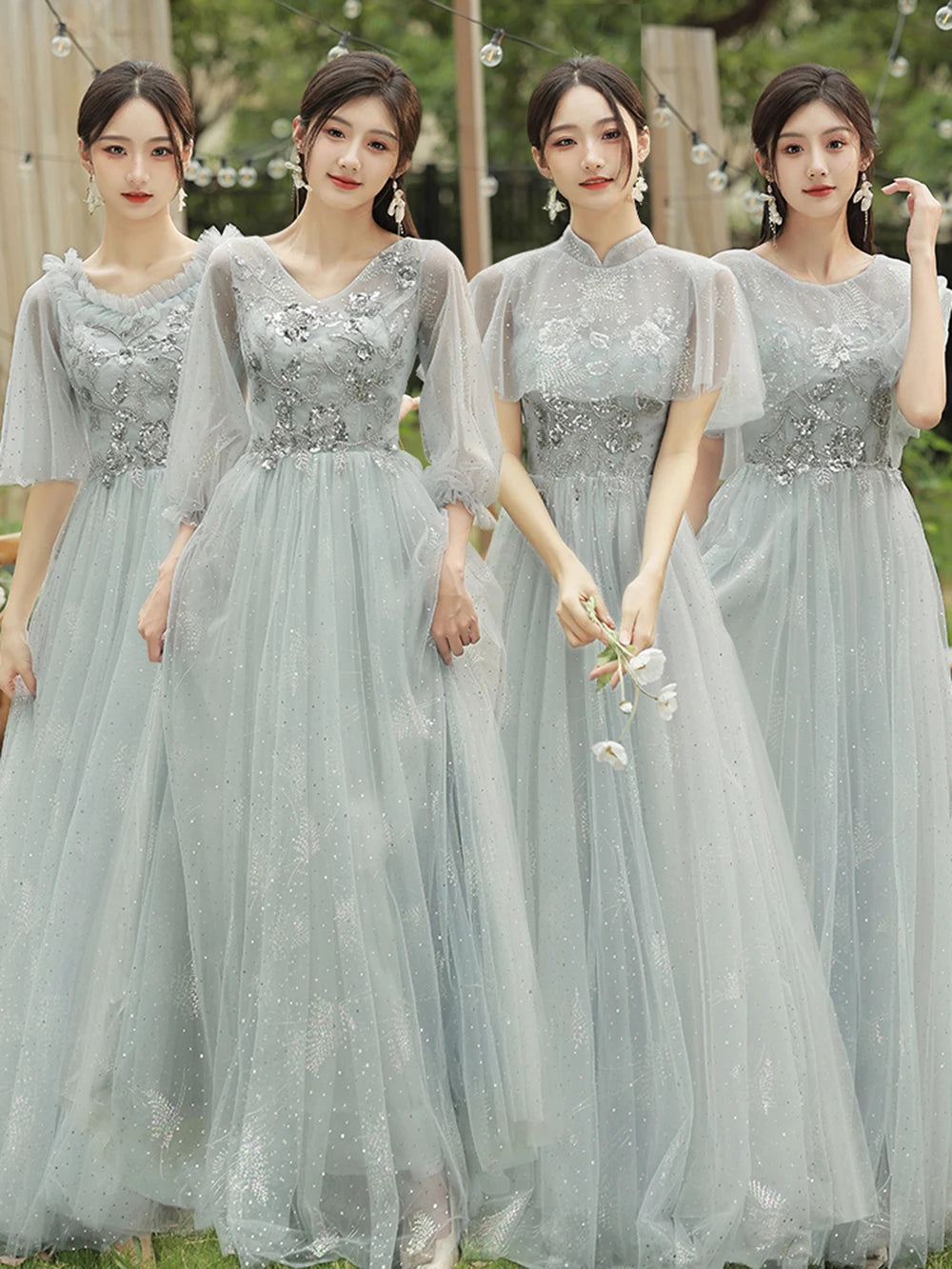 4 Styles Grey Bridesmaid Dress Women's Elegant V-neck Sequins Shawl Collar Slim A-line Gown Light Luxury Wedding Party Vestido - Seprincess