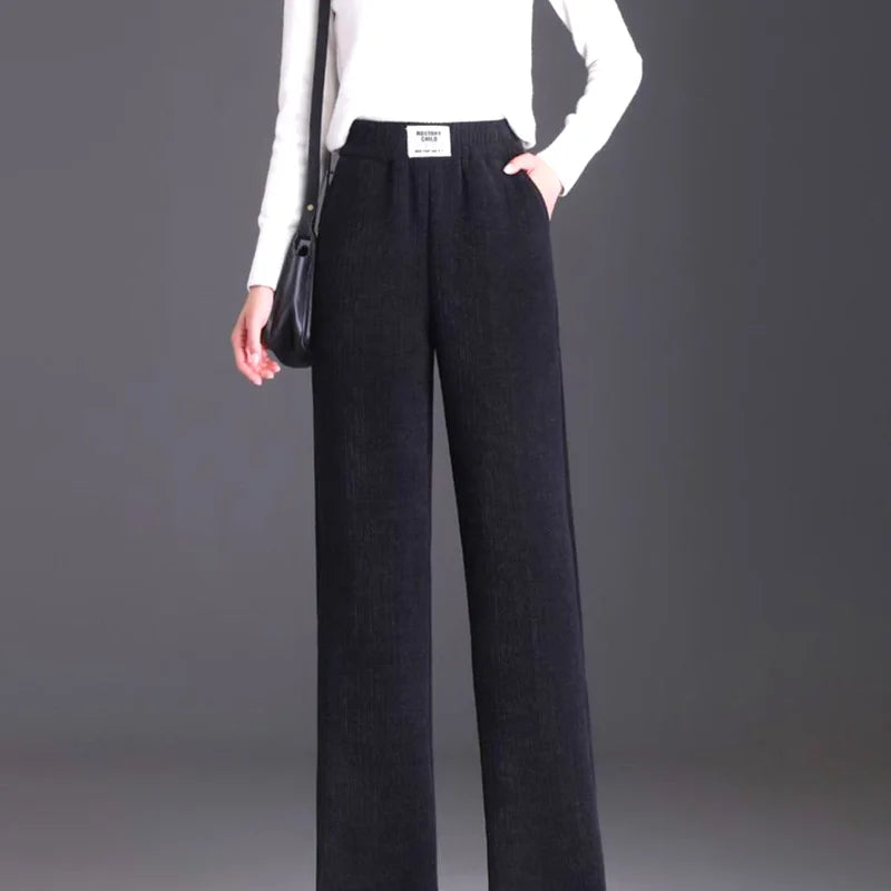 Women Warm Winter Plush Thick Pants Lambskin Cashmere Trousers High Waist Cotton Fleece Loose Female Plus Velvet Wide Leg Pants